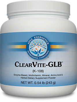 Apex Energetics ClearVite-GLB K108 shake powder, grain-free pea-free, natural fruit flavor, 42 servings