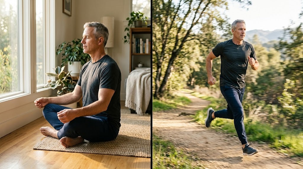 A man meditating by a window on the left, the same man running a trail on the right