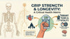 Hand squeezing a dynamometer with anatomy illustrations of skeleton, nervous system, heart, and brain — grip strength and longevity