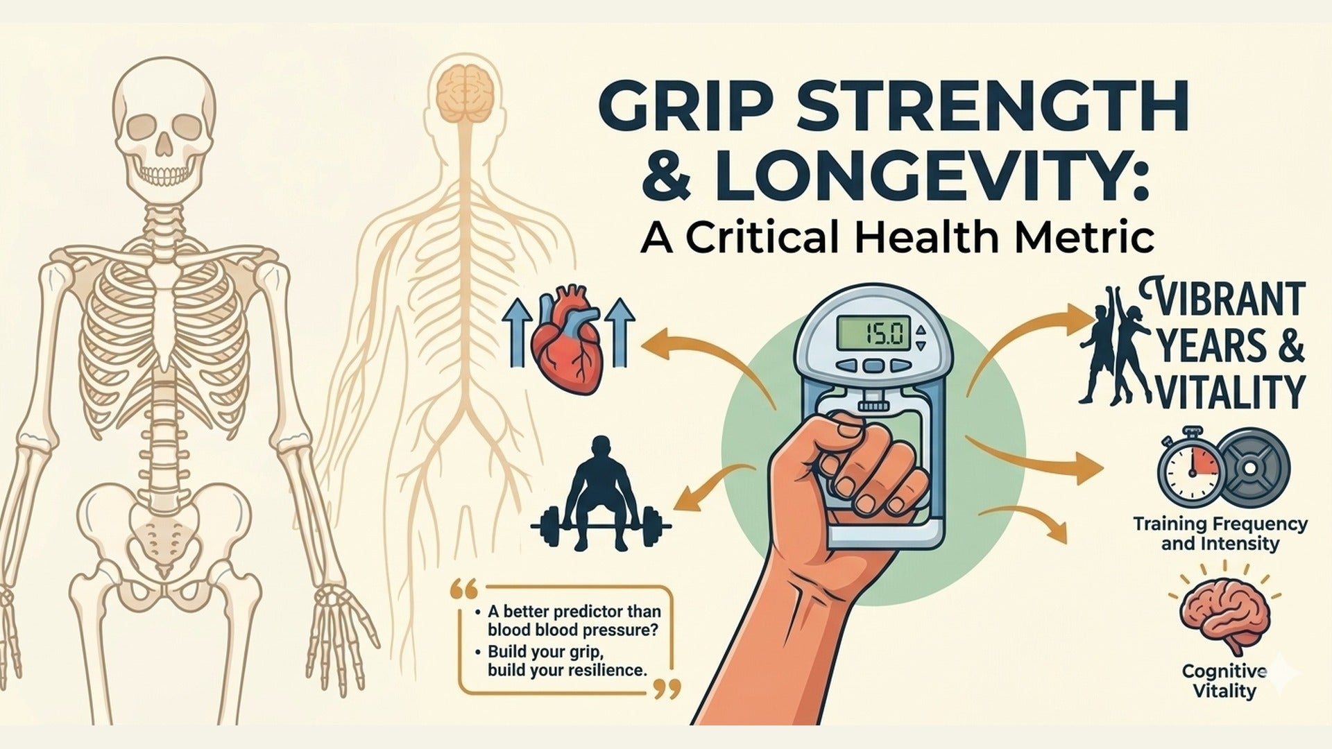 Hand squeezing a dynamometer with anatomy illustrations of skeleton, nervous system, heart, and brain — grip strength and longevity
