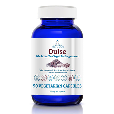Master The Body Dulse Capsules - 650 mg wild harvested, sun dried Atlantic dulse, excellent source of iodine, 90 vegetarian capsules in cobalt blue bottle