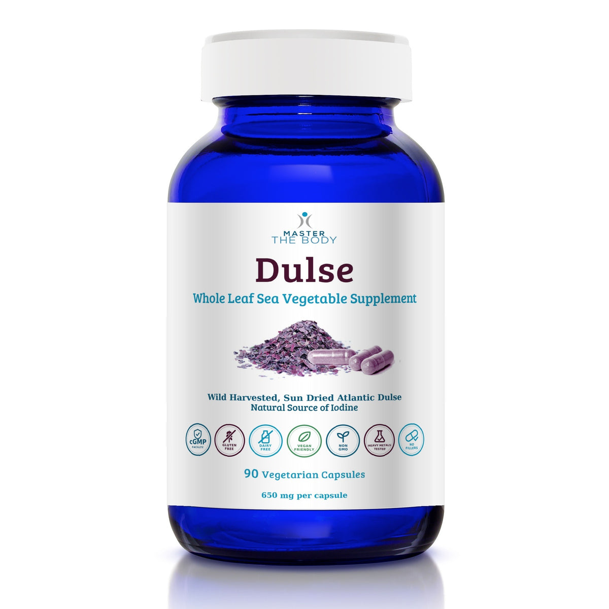 Master The Body Dulse Capsules - 650 mg wild harvested, sun dried Atlantic dulse, 90 vegetarian capsules in cobalt blue bottle
