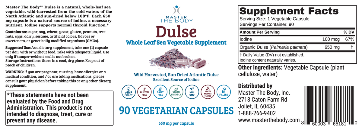 Master The Body Dulse Capsules label - front panel, Supplement Facts with iodine 100 mcg (67% DV), suggested use, 650 mg per capsule, 90 vegetarian capsules