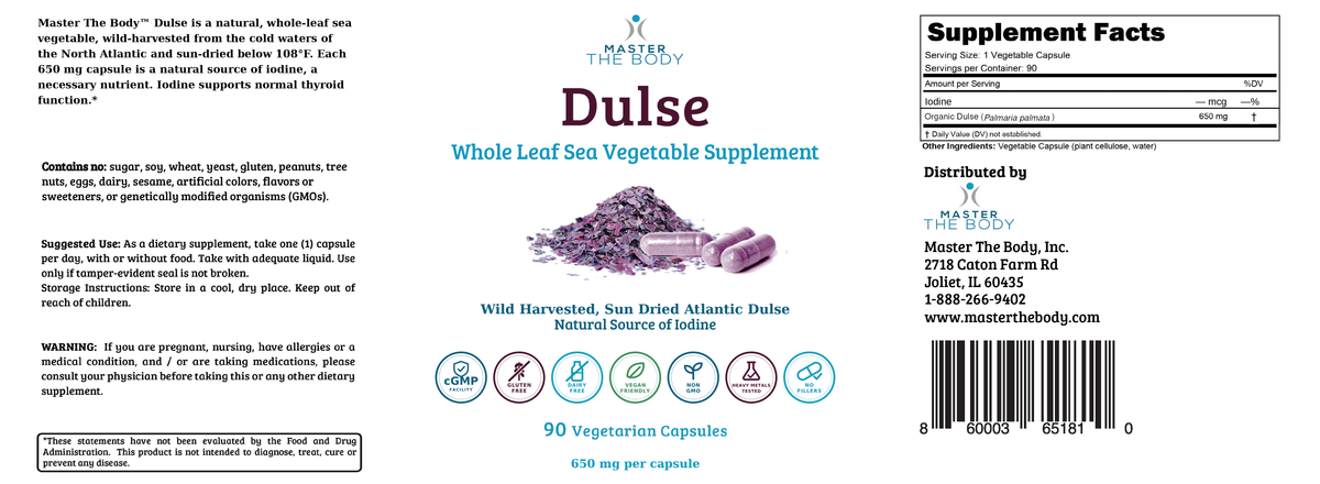 Master The Body Dulse Capsules 2026 label - front panel, Supplement Facts, suggested use, 650 mg per capsule, 90 vegetarian capsules