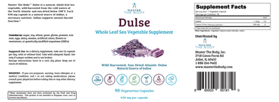Master The Body Dulse Capsules 2026 label - front panel, Supplement Facts, suggested use, 650 mg per capsule, 90 vegetarian capsules