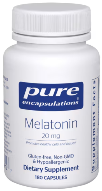 Pure Encapsulations Melatonin 20 mg, 180 capsule bottle front label