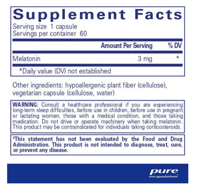 Melatonin 3 mg supplement facts panel, 60 capsule bottle