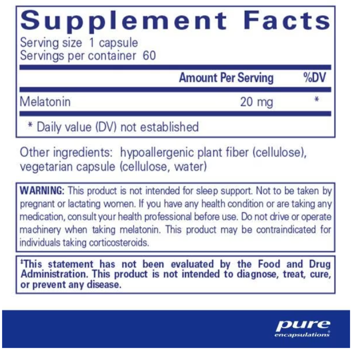 Melatonin 20 mg supplement facts panel, 60 capsule bottle