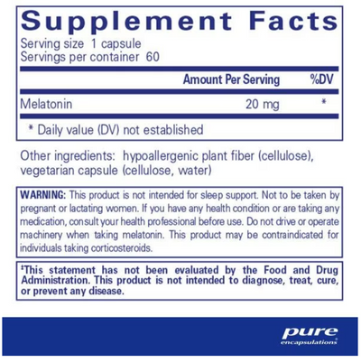 Melatonin 20 mg supplement facts panel, 60 capsule bottle