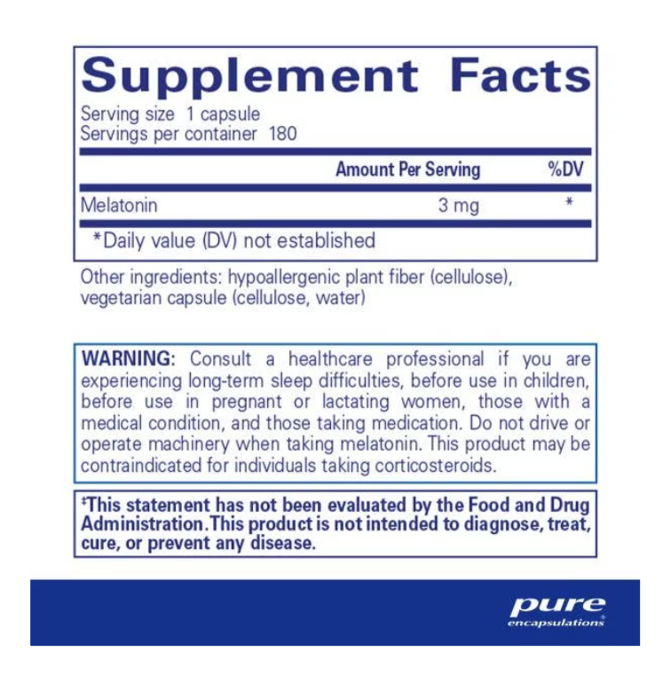 Melatonin 3 mg supplement facts panel, 180 capsule bottle