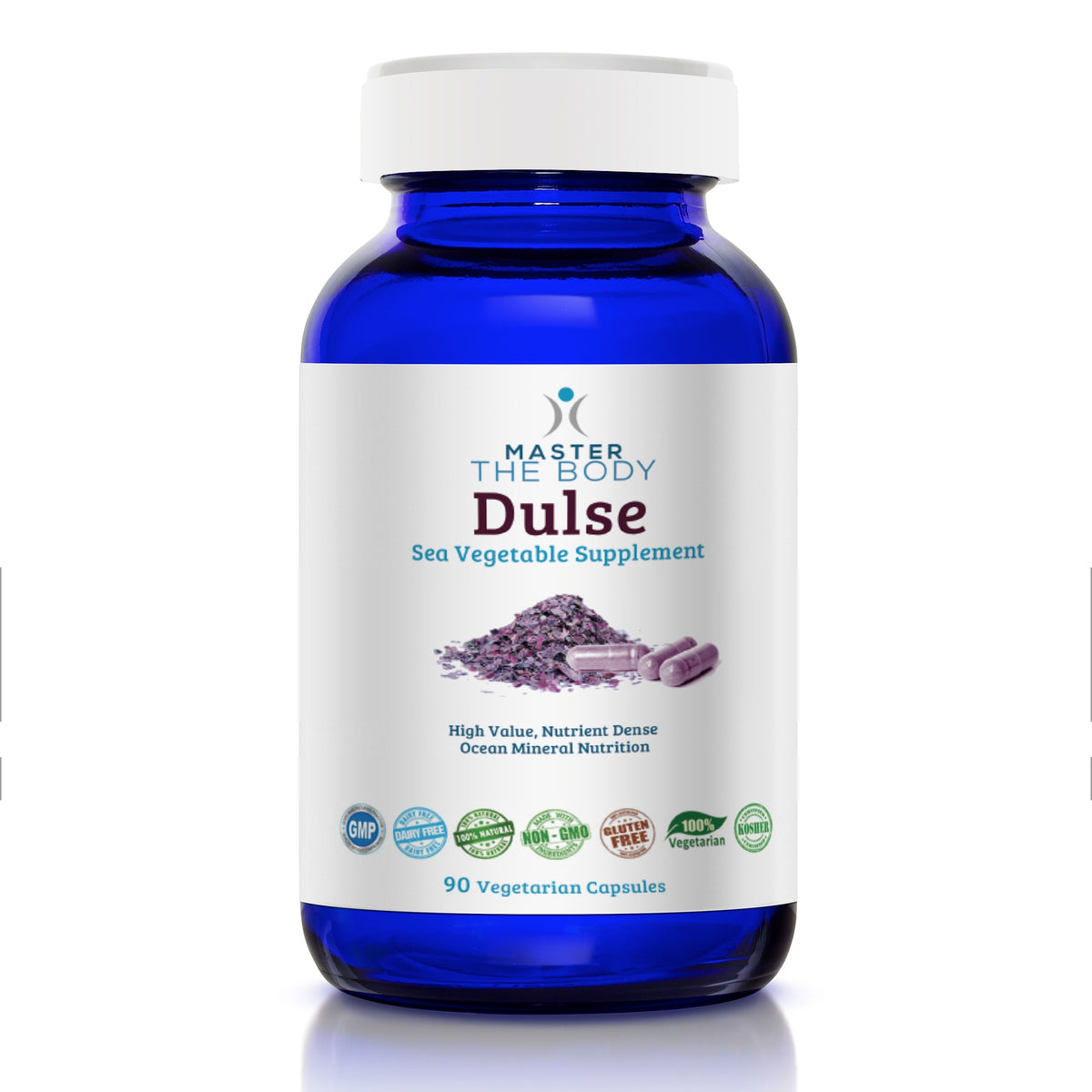 Master The Body Organic Dulse Capsules - 650 mg, 90 vegetarian capsules in cobalt blue bottle