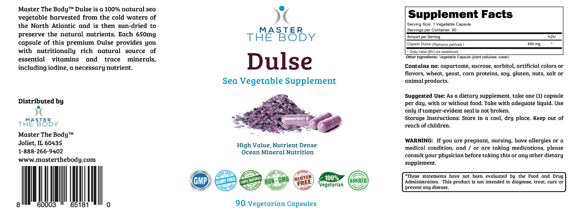 Master The Body Organic Dulse Capsules label - Supplement Facts, ingredients, suggested use