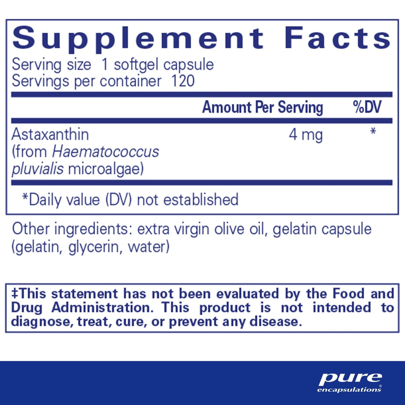 Pure Encapsulations Astaxanthin supplement facts