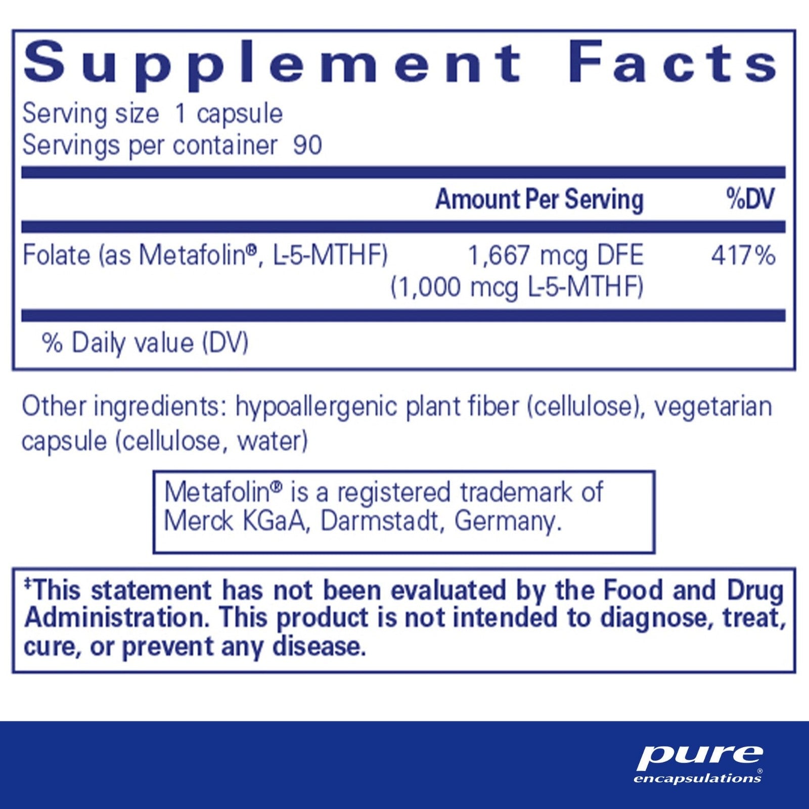 Pure Encapsulations Folate 1,000 supplement facts