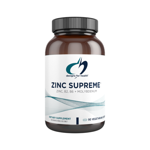 Zinc Supreme Designs for Health chelated zinc bisglycinate supplement bottle 90 capsules with vitamin B6 and molybdenum